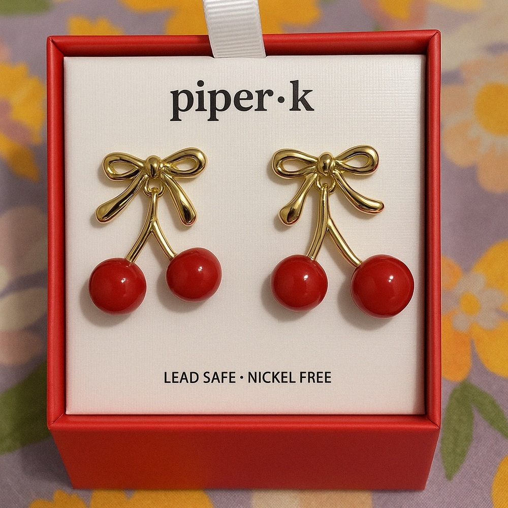 Piper Gold and Red Cherry Earrings for Kids - Picture 1 of 4